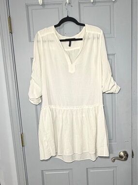 BCBG Max Azria White Tunic Blouse Mini Dress Boho Peasant Top Size 8 cotton